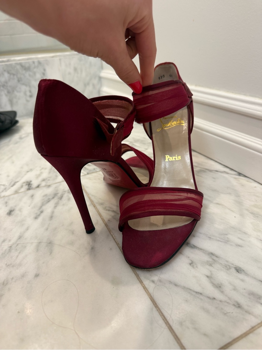 Custom Christian Louboutin Burgundy Satin Open-Toe Strappy Heels